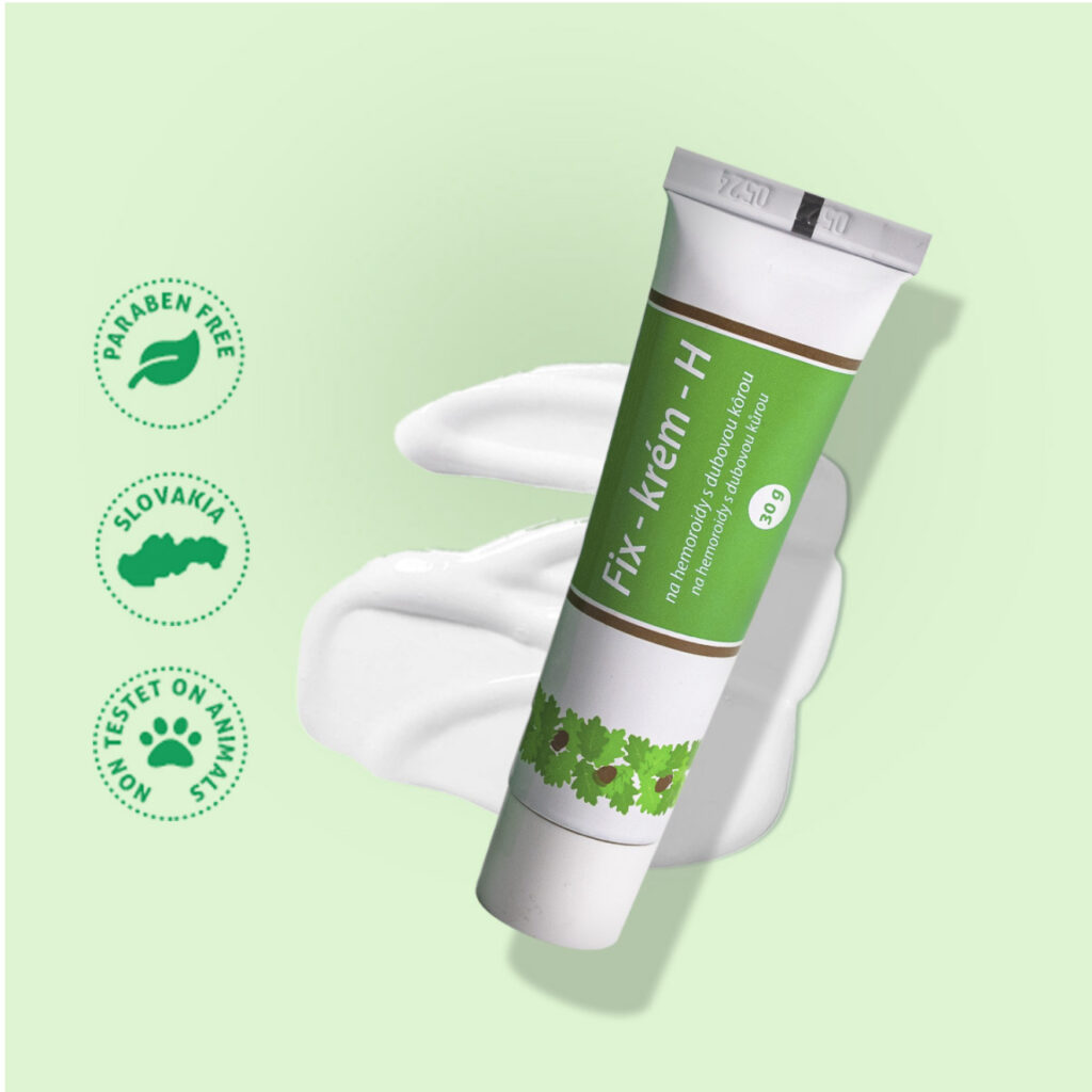 Fix Crème H – crème naturelle contre les hémorroïdes à base d’écorce de chêne, fabriquée en Slovaquie, sans parabènes et non testée sur les animaux. Tube de 30 g.